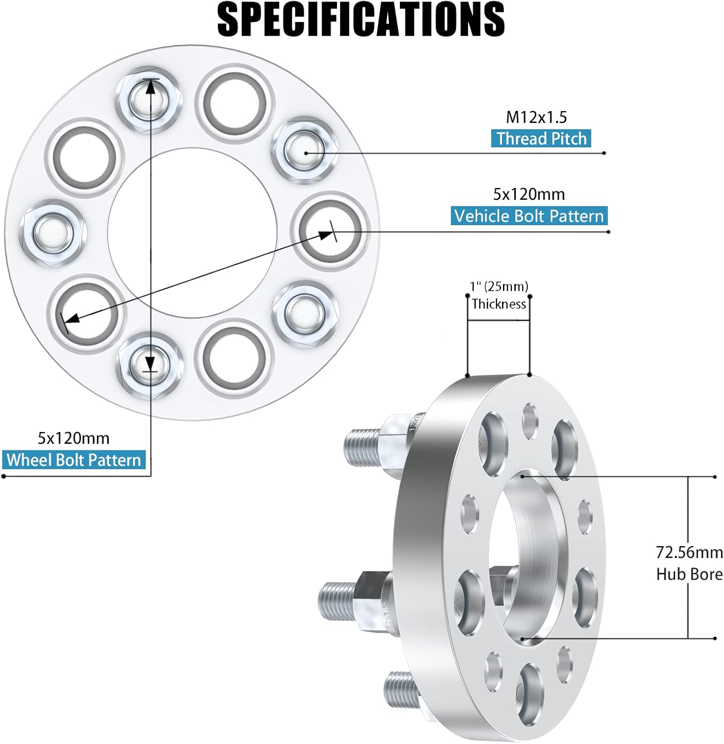 5x120mm Wheel Spacers 1" (25mm) Hub Bore 72.56mm with M12x1.5 Studs for BMW E31 E36 E46 E82 E88 90 E91 E92 E93 E60 E61 318i 323i 325i 328i 330i 335i 525i 545i Z3 Z4 Z8 M3 M5 M6 X1, 2PCS Wheel Adapters