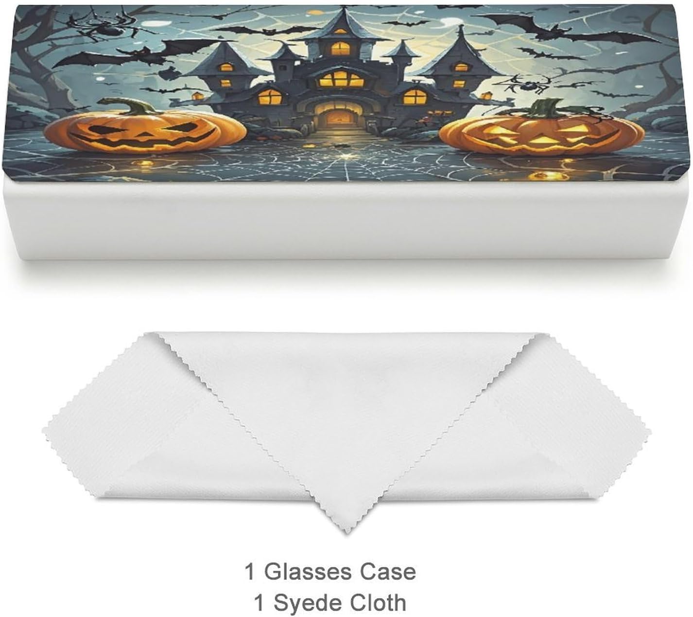 Pumpkin Lantern Castle Eyeglasses Case Hard Shell for Men Women PU Leather Eyeglass Cover Fashionable Travel Sunglasses Cases Portable Reading Glasses Cover with Cleaning Cloth image 3