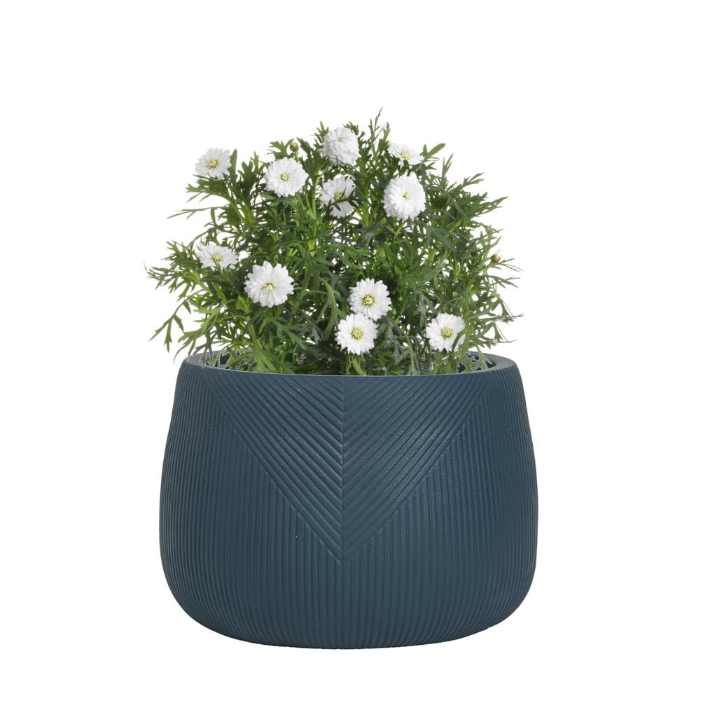 Dibor Fibre Clay Plant Pots Indoor/Outdoor Modern Rippled Finish Flower Pot Planters Patio Decking Lawn Doorstep Porch Houseplant Shrub Topiary Bush Dark Blue Small