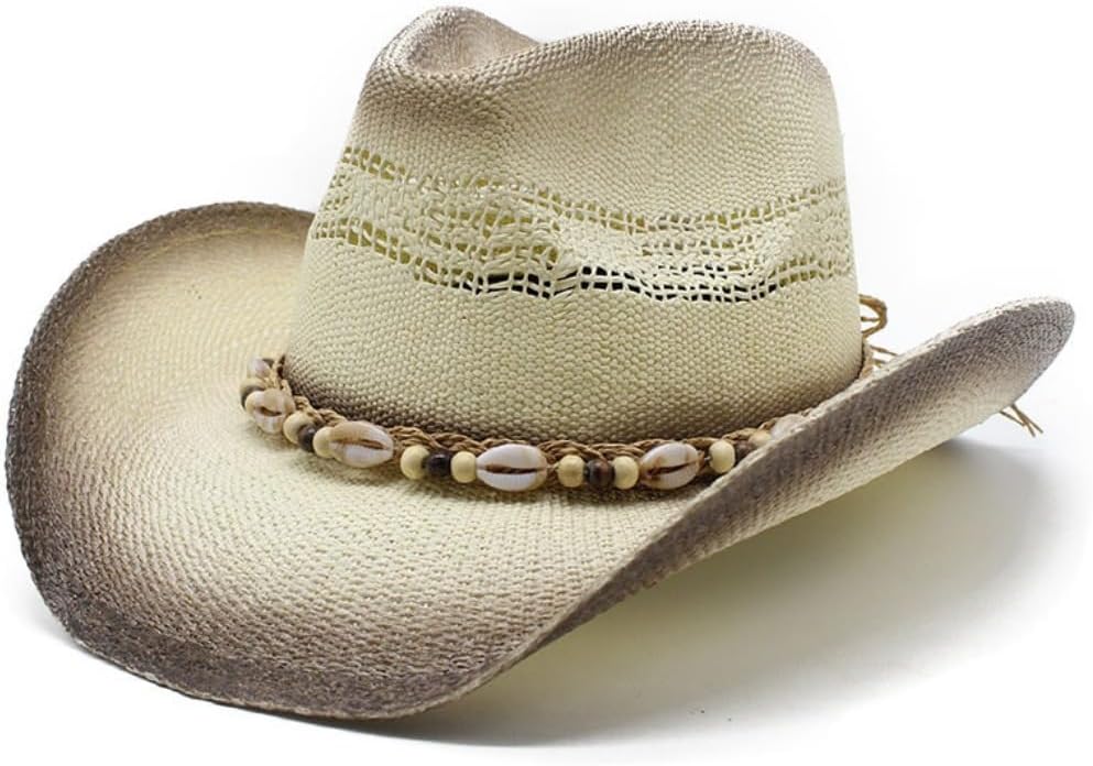 Western Cowboy Hat, Straw Woven, Beige with Brown Edges, Decorative Beaded Band