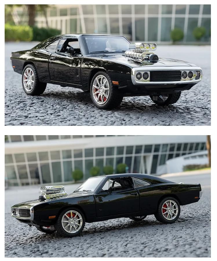 FUNABLO 1:24 Scale Exclusive Alloy Metal Pull Back Die-cast Car Model with Sound Light Mini Auto Toy for Kids Metal Model Toy Car with Sound and Light (1.24-Dodge Charger-Black) 1