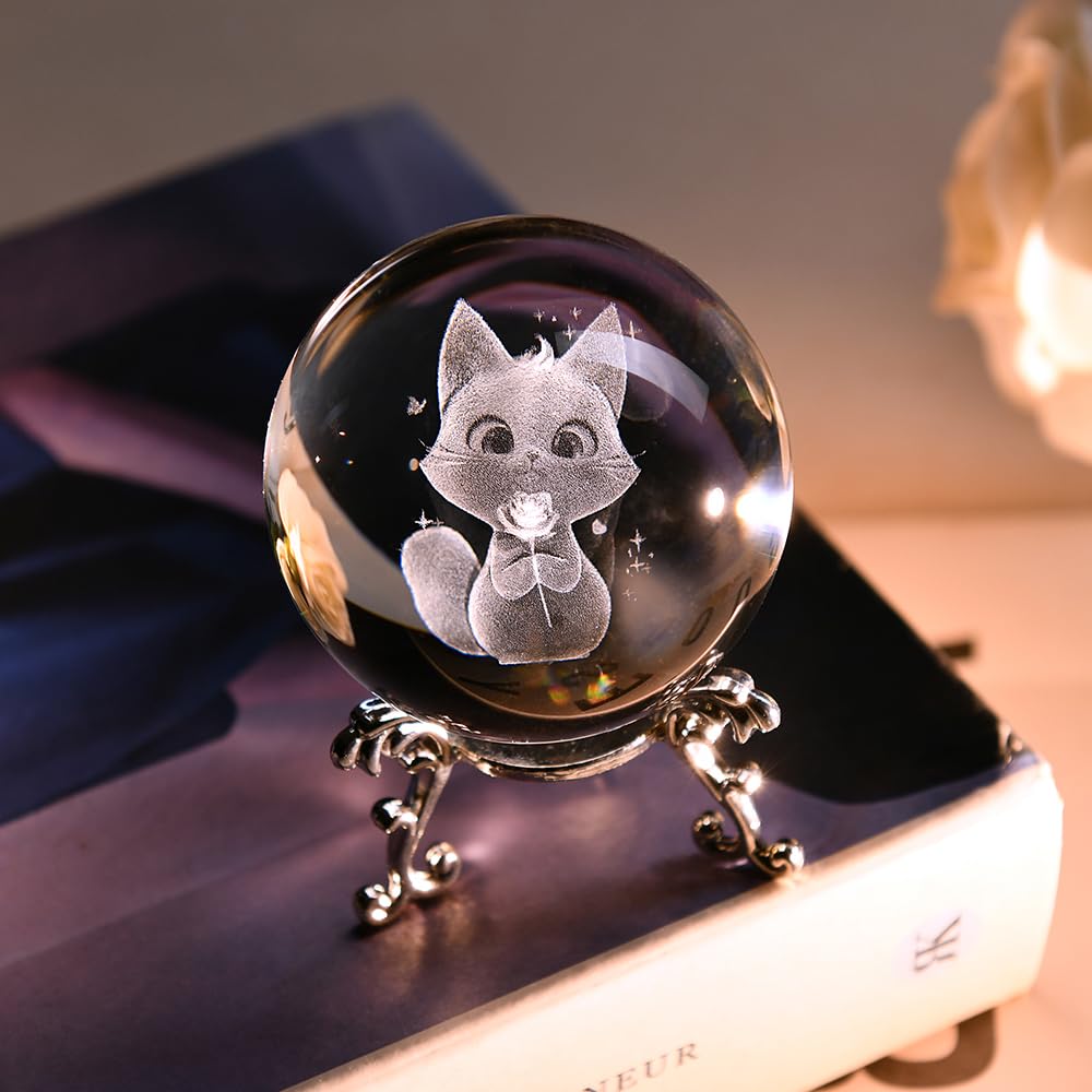 Boule de cristal 3D pour chat - Cadeaux pour amoureux des chats - Presse-papiers en verre - Décoration pour les amoureux des chats - 60 mm - Boule de chat avec support - Cadeaux pour Noël et
