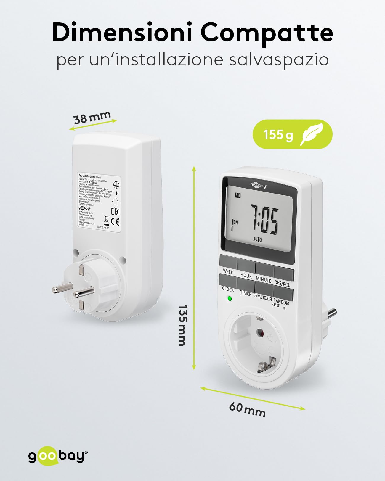 goobay - Set di 4 timer digitale con 16 programmi – Timer con modalità casuale per protezione anti-intrusione – Presa timer inclusa 100 giorni batteria back-up – 3680 W – 230 V (AC) – 16 A – 74217