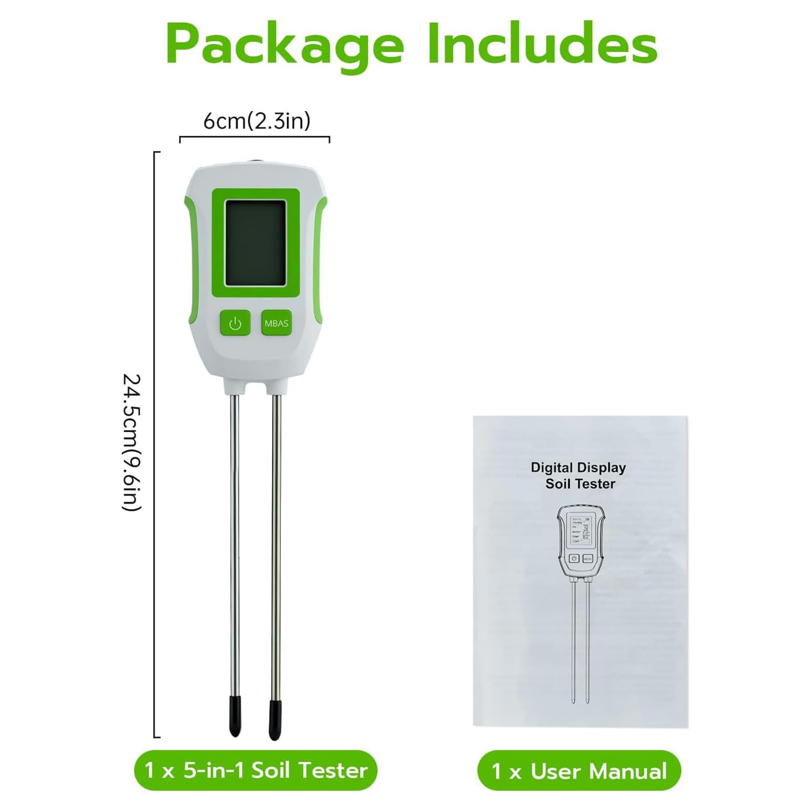 Générique Appareil de Mesure du Sol, Testeur de Sol Multifonctionnel 5-in-1 Double Sonde + Écran LCD Rétroéclairé + Arrêt Automatique, Testeur de PH/Fertilité/Luminosité/Température/Humidité