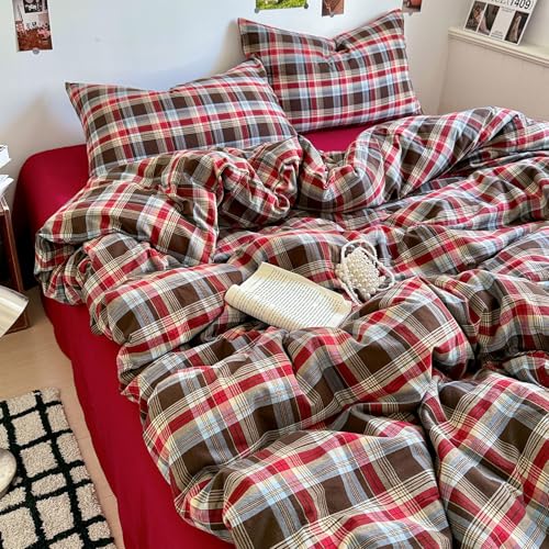 Image of LifeTB Red Brown Plaid Comforter Set Queen, 3 Pieces Vintage Checkered Grid Bed Comforter with 2 Pillowcases, Breathable Soft Comfy Farmhouse Plaid Pattern Printed Gingham Bedding Comforter Set