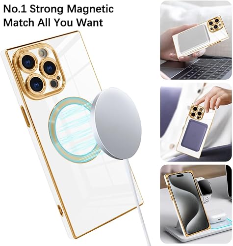 Miniatura 3 de OOK Funda magnética para iPhone 15 Pro Max cuadrada compatible con Magsafe, protección completa de la cámara, borde chapado en oro, TPU suave,