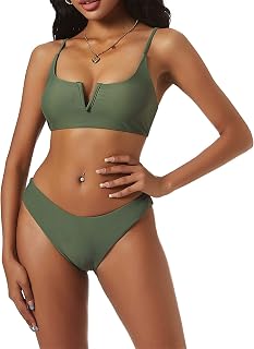 ZAFUL Women's Animal Print V Wired Bikini Two Piece Reversible Tropical Palm Leaf Padded Swimsuit Army Green M