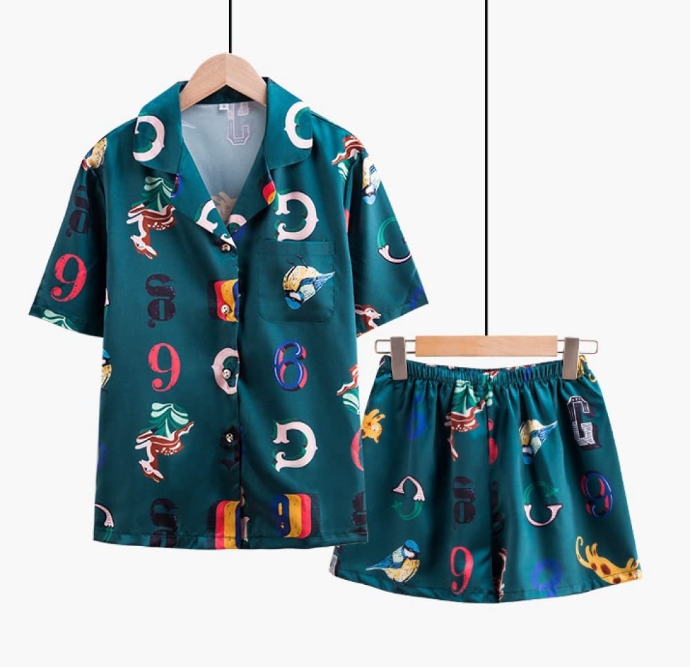 Pijama De Mujer Manga Corta,Impresión De Números Verdes Solapa Pijama De Manga Corta para Mujer Conjunto De 2 Piezas Suave Y Cómodo Pijama para Mujer Ropa De Descanso Regalo del Día De La Madre
