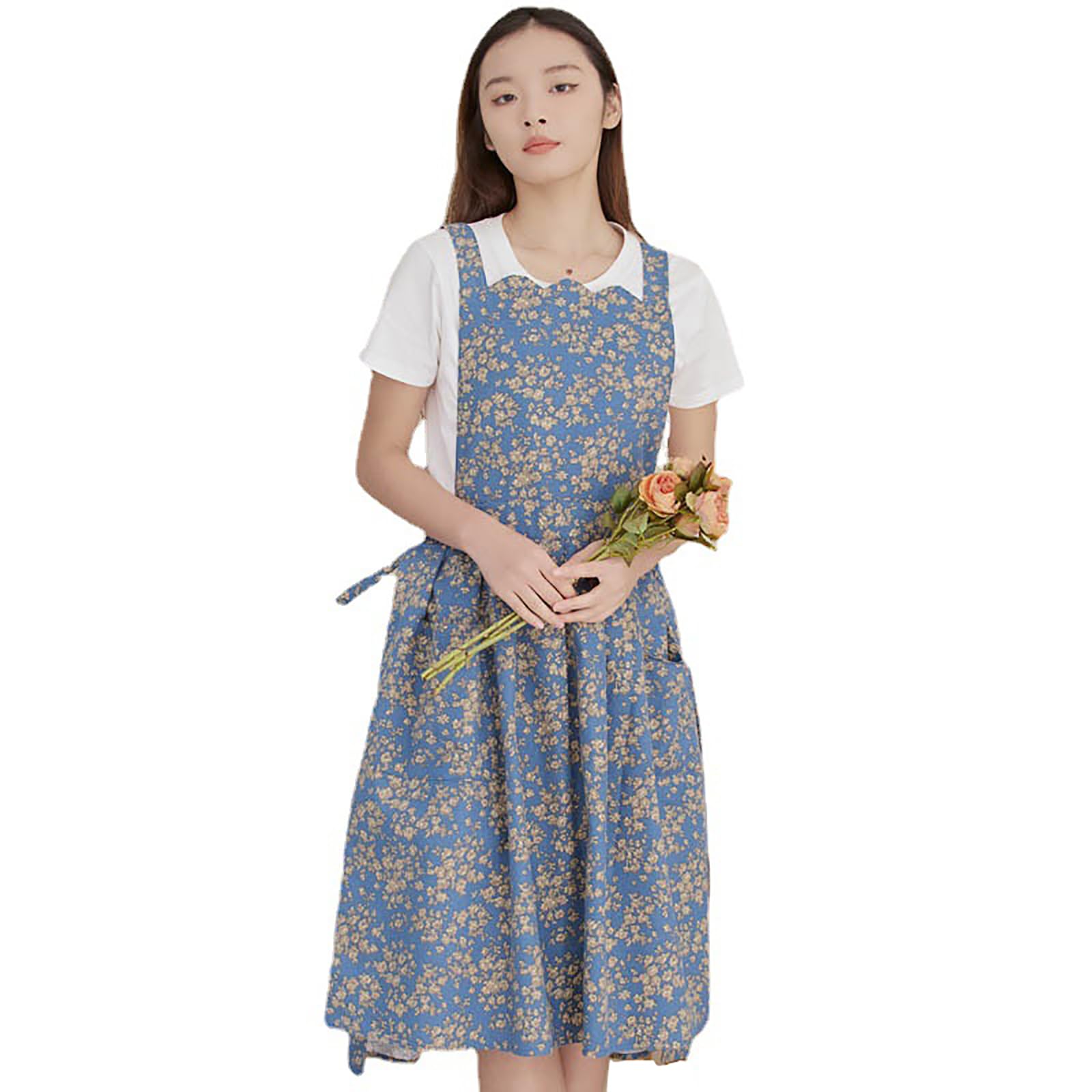 Grembiule da Cucina da Donna, Grembiule in Cotone Stampato con Tasche per Cucinare, Dipingere, Giardinaggio,One Size,Blue