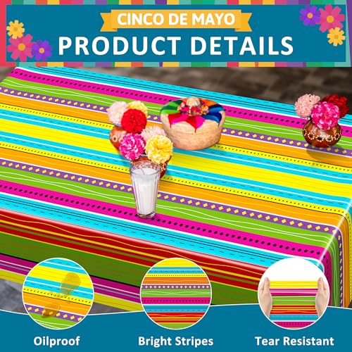 Image of 3 Pcs Plastic Day of the Dead Tablecloth Mexican Theme Party Decorations | 54 inch x 108 inch Fit 6FT Table, Thick PE3 Plastic Rectangle Table Cover, Colorful Serape Stripe Dinnerware Fiesta Decorations