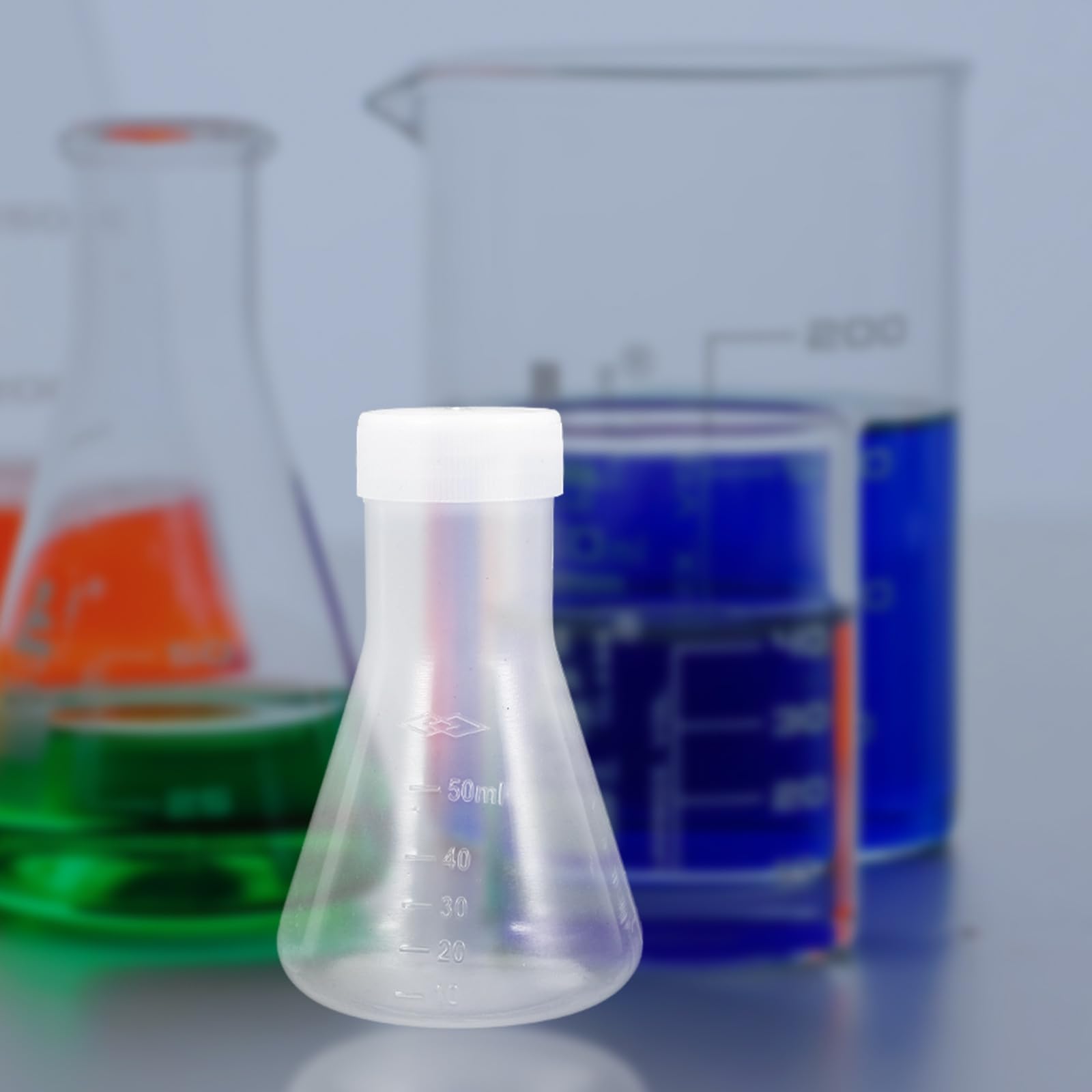 Konischer Erlenmeyerkolben mit Weiter Öffnung und Schutzkappe aus Kunststoff 4 Stück 50ml Chemie Kolben für Labor und Chemische Experimente