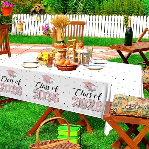 Image of 2026 Graduation Decorations,Congrats Grad Tablecloth 2pcs White Pink Class of 2026 Table Covers Rectangle for Graduation Party Supplies,108x54inch(Pink)