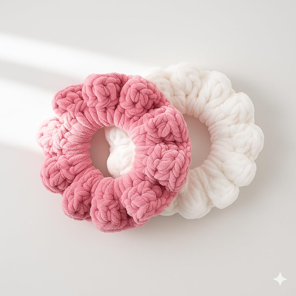 Crochet Velvet Scrunchie Set for Women – Pink & White Combo | Handmade Soft Hair Ties | Thick Plush Velvet Yarn Hair Bands | Gentle, Durable, No Breakage, Stylish Accessories