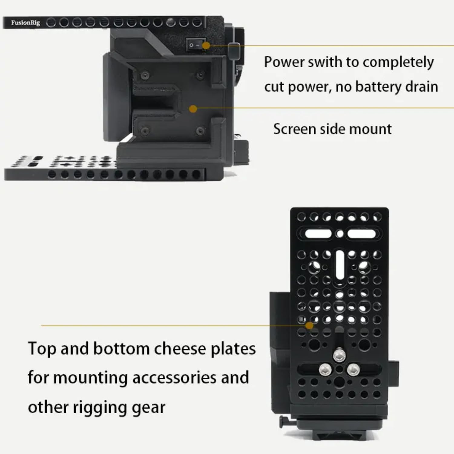 Fusion Rig Cineback klatka na aparat z modułem rozszerzającym V-Mount, rozdzielacz D-Tap, odporna na uderzenia przechowywanie ekranu do klatki na aparat A7M4/A7S3 (do SmallRig 3667 4308 4481)