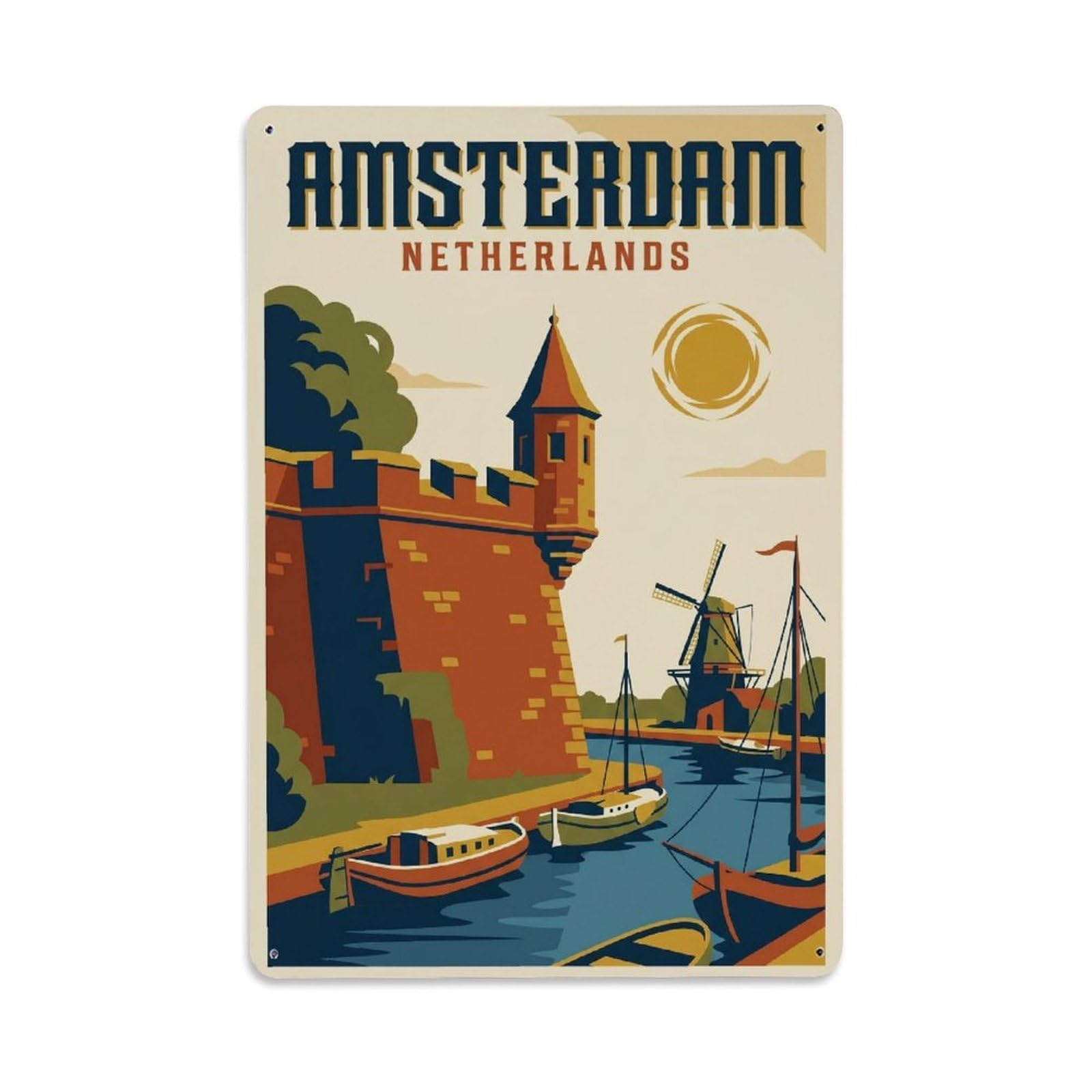 Okngb Style Rampart Amsterdam Old Town Classic Architecture Dutch Metal Tin Sign Plaque Wall Decor For Cafe, Man Cave, Club Bar, Office, Home Garden Round Metal Poster 8X12inch