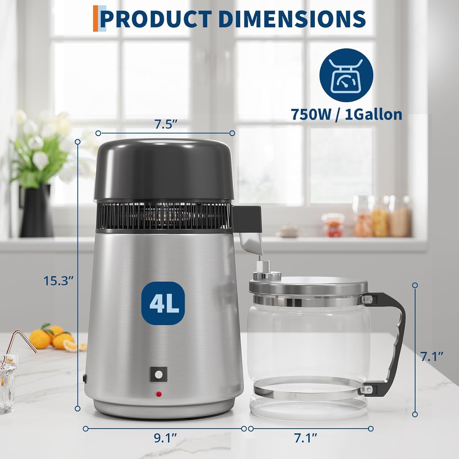Garvee Destilador Agua 4L 750W/900W Acero Inox 304 | Garvee destilador 4L 750W/900W acero inox 304, triple filtro y apagado automático, 1L/h, jarra vidrio portá