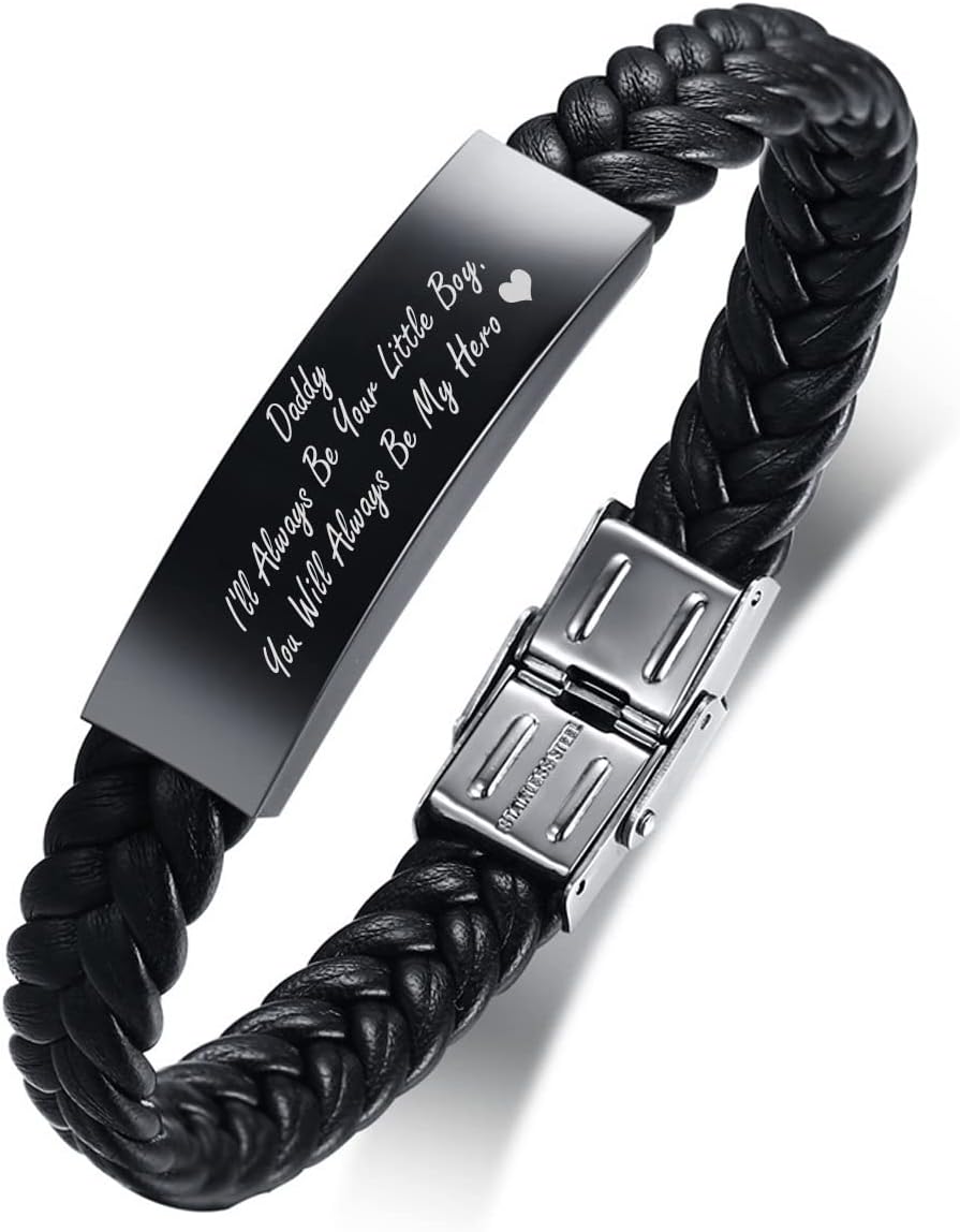 Daddy Gifts Mens Bracelets for Christmas - Personalised Black Leather Bracelets Silicone Bracelet Engraved Love Daddy Message for Men, Gifts For Dad Father's Day Birthday Christmas Xmas Presents