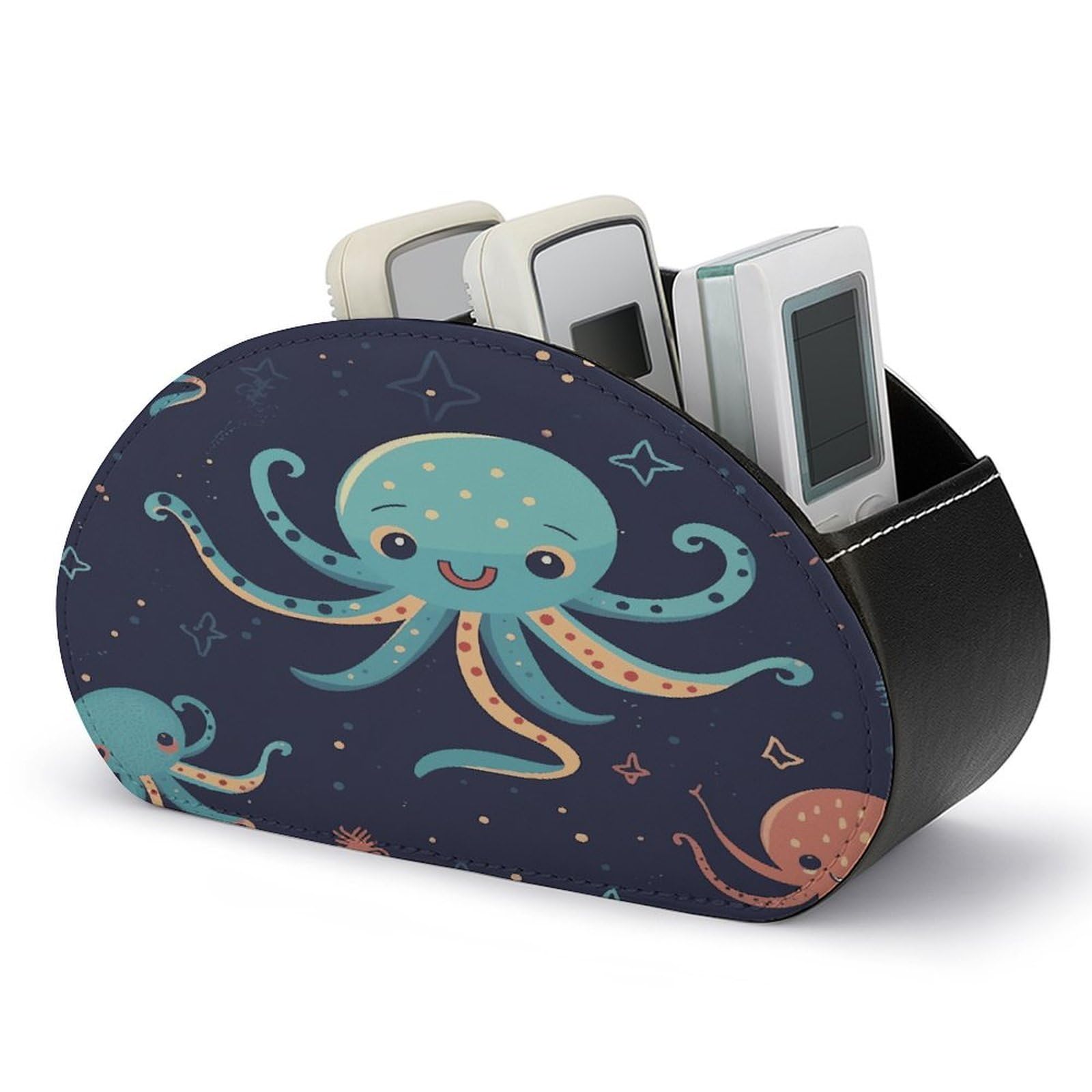 VstaDank Cartoon Octopus Remote Control Holder with 5 Compartments PU Leather Remote Caddy Desktop Organizer Store TV Remote Control Storage Box for Home Office Desk Nightstand