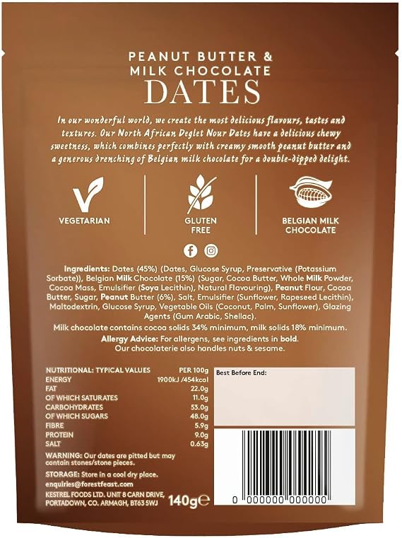 Forest Feast Chocolate Covered Dates 6 Bags - Dried Dates Dipped in Belgian milk chocolate delicious snack in 3 flavours, Peanut Butter, Pistachio and Salted Caramel