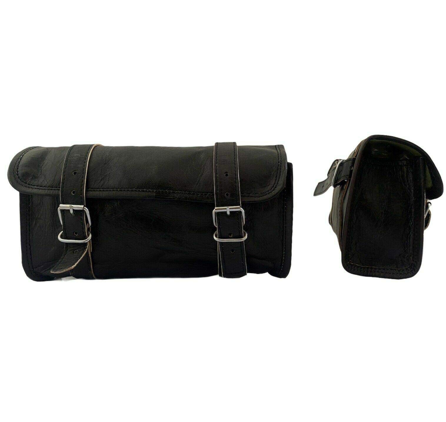 handlebar bag powersports luggage Motorcycle Saddle Bags High-Quality Genuine Black Leather roll Pouch Side fork Tool Pouch motorcycle accessories (Black)