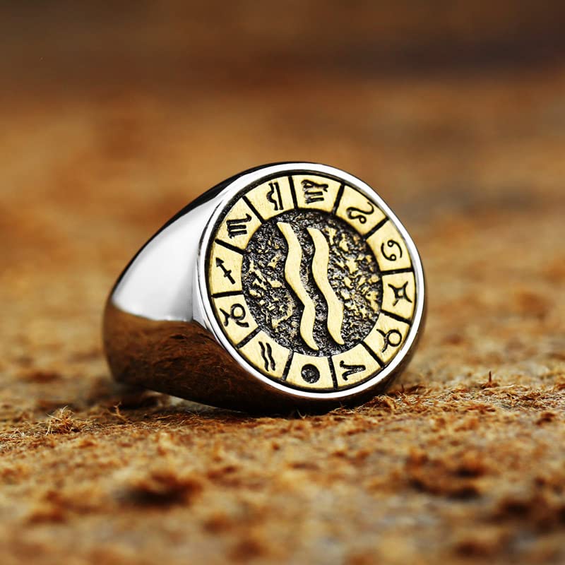Image of Unisex 12 Constellation Zodiac Sign Signet Ring | Stainless Steel, Hip Hop Sign Signet, Horoscope Astrology Jewelry, Birthday Gift