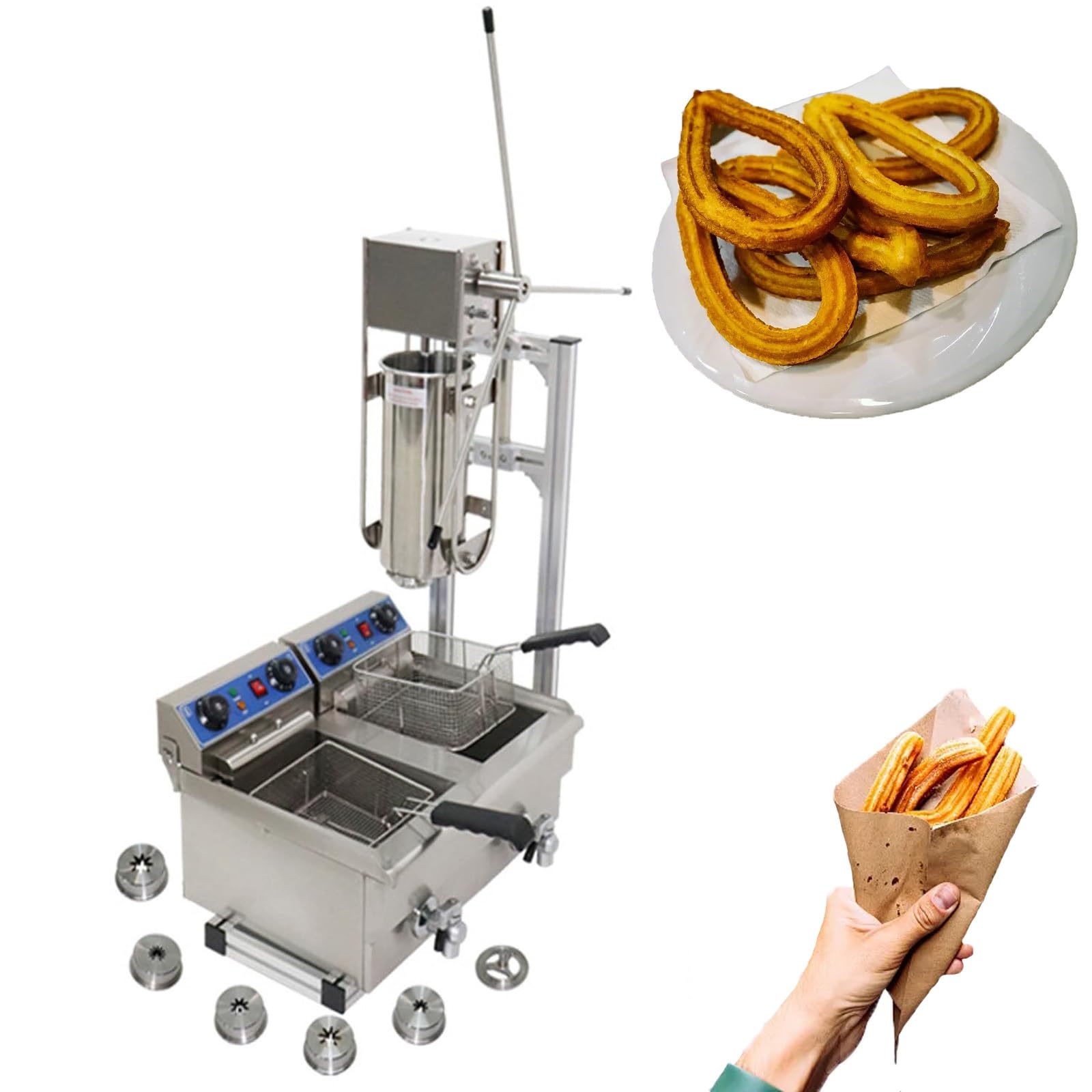 Aioneer Commercial Churro Maker With Deep Fryer, 7L Spanish Donut Churro Machine With 10L/20L Electric Fryer, 6 Nozzles, Stainless Steel For Restaurants, Bakeries-With 20L Deep Fryer