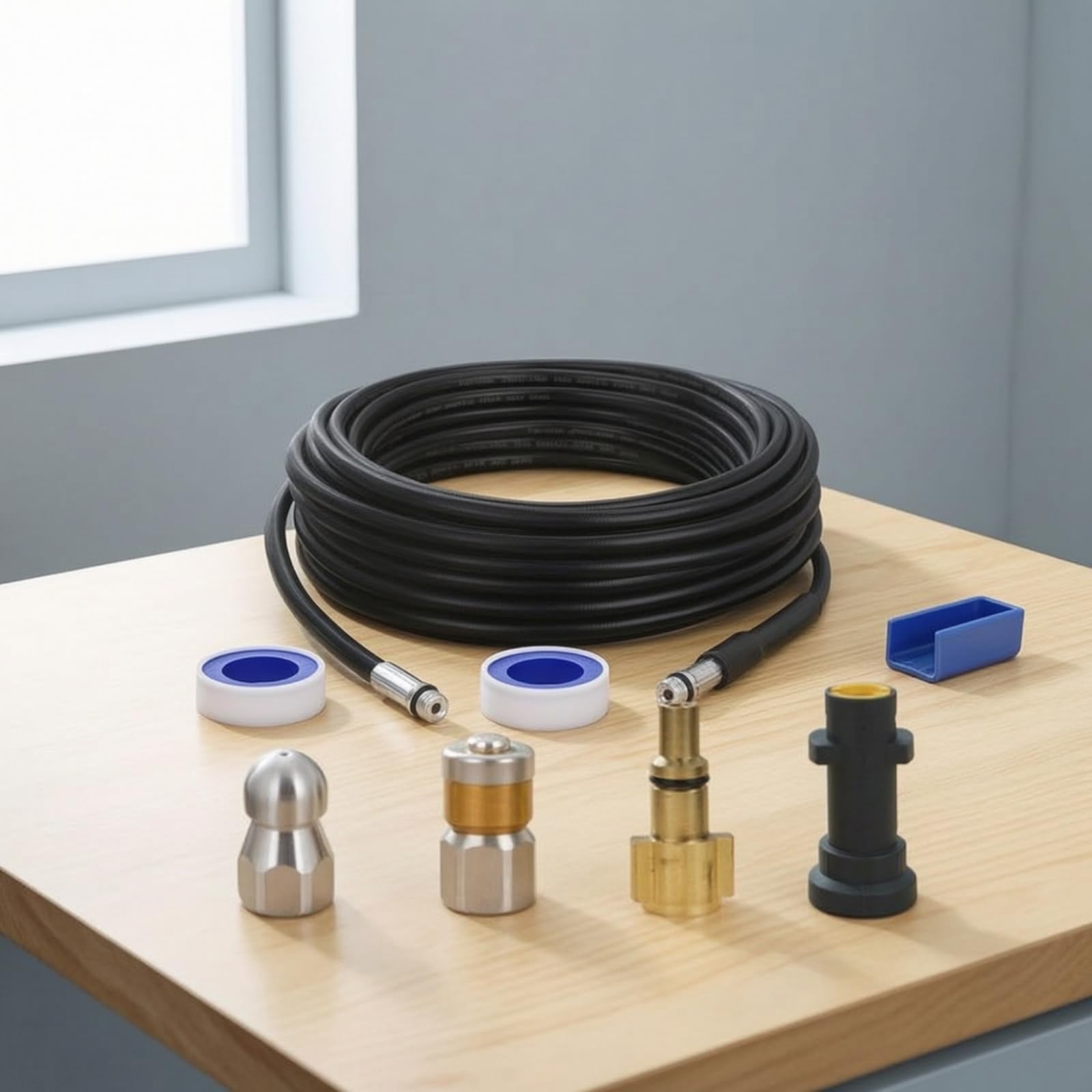 F Fityle para Hidrolavadora de Limpieza de Drenaje de Presión Enrollada Fittings Roscados Material PVC Nylon Adecuada para, 5 Metros