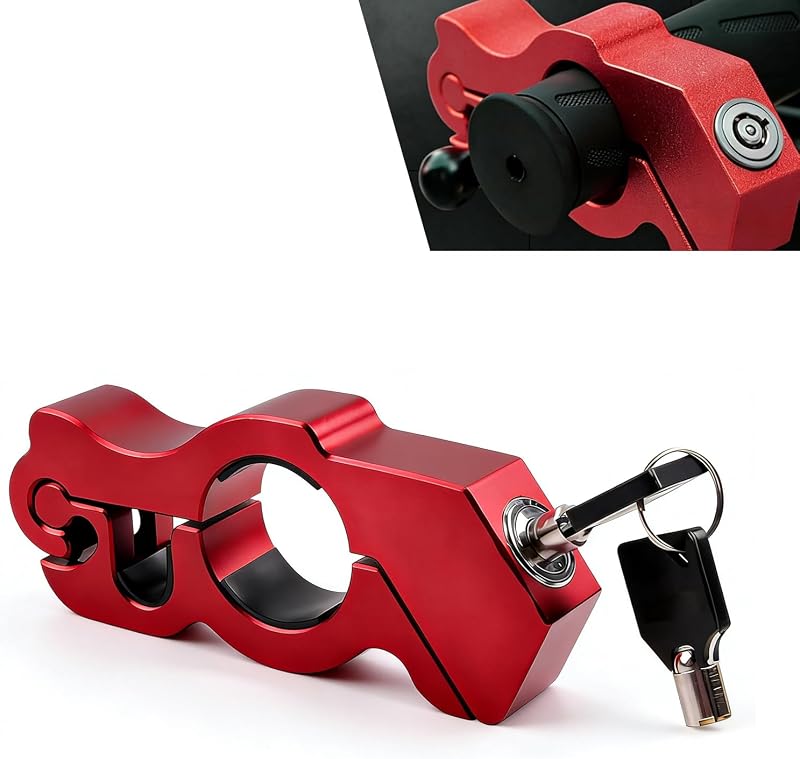 Bloqueo de manillar de motocicleta, dispositivo de freno y acelerador antirrobo, bloqueo de agarre de seguridad de aleación ajustable, accesorio de fijación portátil para la mayoría de los scooters ATV de bicicletas (rojo)