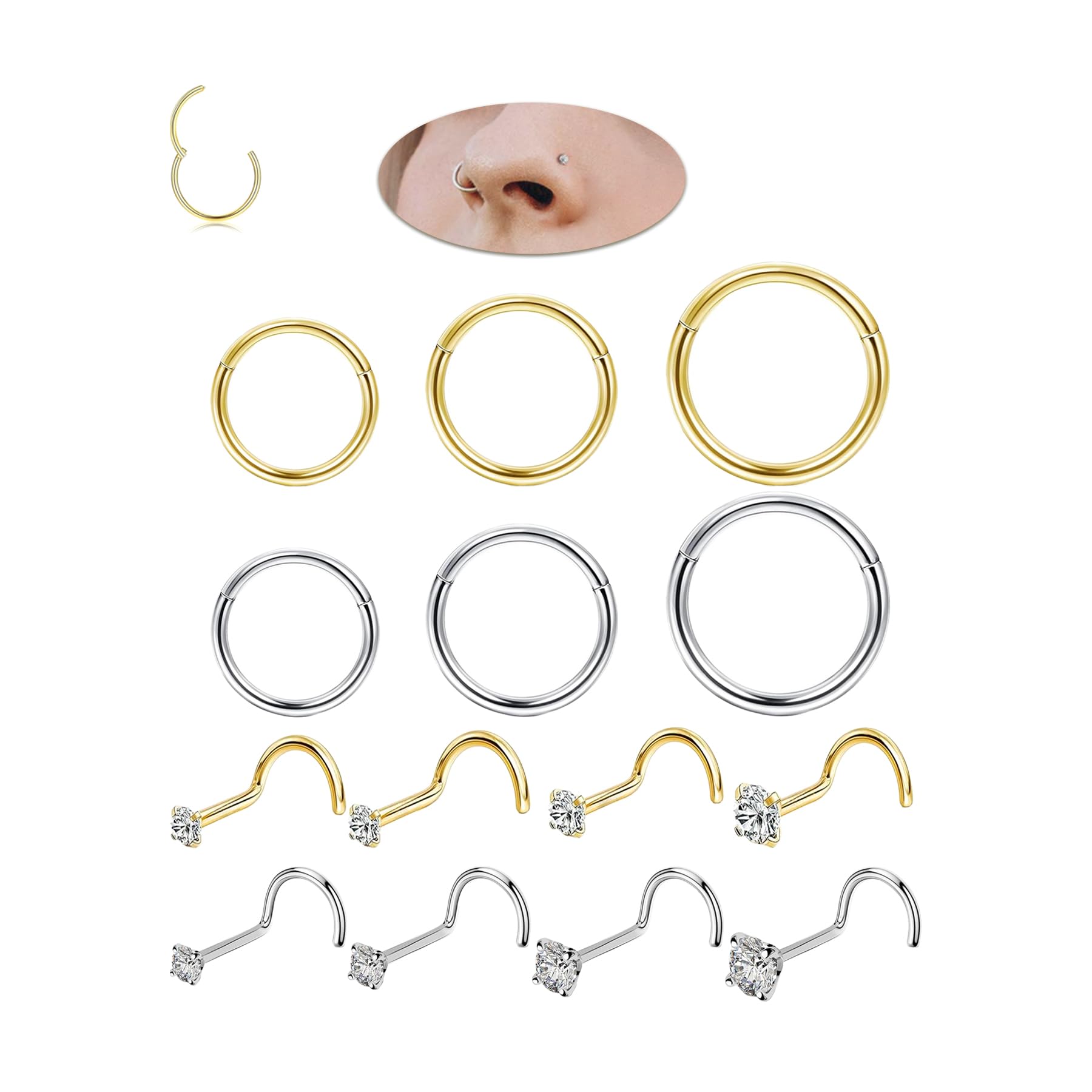 Juego de aros de nariz dorados de 18 g y aretes de nariz de 20 g para mujeres y hombres, hipoalergénicos, de acero inoxidable quirúrgico 316L, sacacorchos para la nariz, tornillo de nariz de
