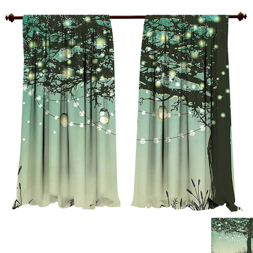 Printed Thermal Insulated Bedroom Blackout Curtains Magic Lanterns and Lamps Hanging on A Tree Branch ative Backyard Party Illustration Green Yellow for Bedroom Set (W84 x L96 -Inch 2 Panels)