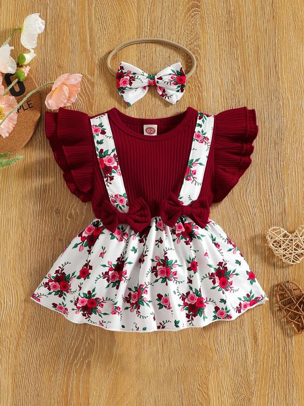 Image of Niren Enterprise FIREFINCH Baby Girls Modal and KitKat Bow Surface Style Floral Printed Maroon Color Short Sleeve Baby Girl Frock (FIREFINCH, 6-12)