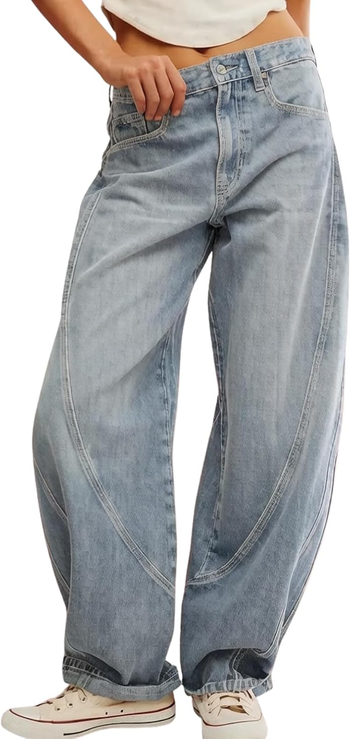 chouyatou Women Baggy Wide Leg Barrel Jeans Y2K Boyfriend Mid Rise Polka Dot Printed Denim Palazzo Pants