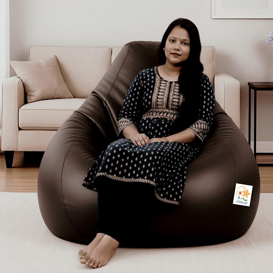 Image of Bean Bag Cover, Faux Leather, 66 x 86 x 112 cm, Indoor Gaming and Reading Chair (Brown, XXL, Solid)