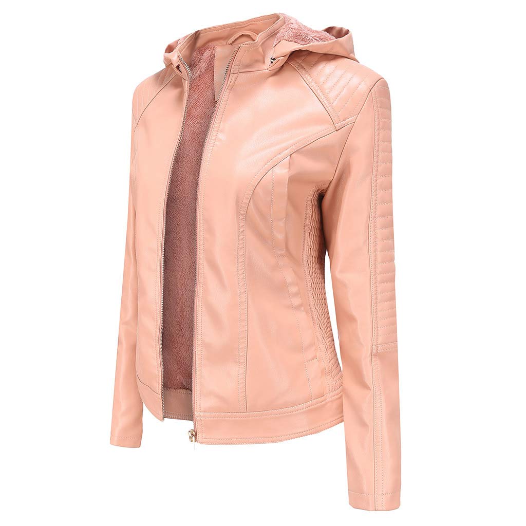 DISSA Damen Kunstleder Kapuzenjacke Kurzer Reißverschluss | Gesteppte Schultern, Fleece-Futter, RV-Bündchen, Seitentaschen. Winterjacke, Basic-Oberbekleidung