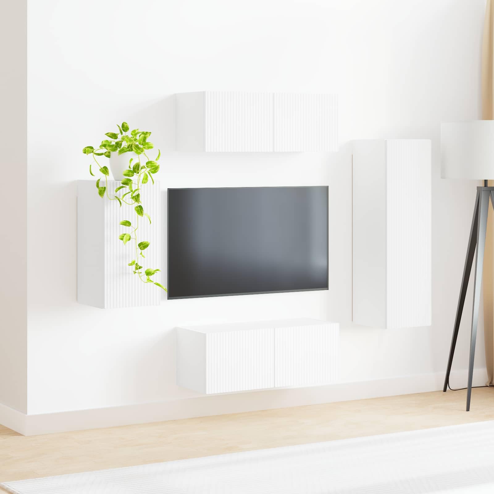 Set di mobili per TV, montaggio a parete, 4 pezzi, bianco, in legno