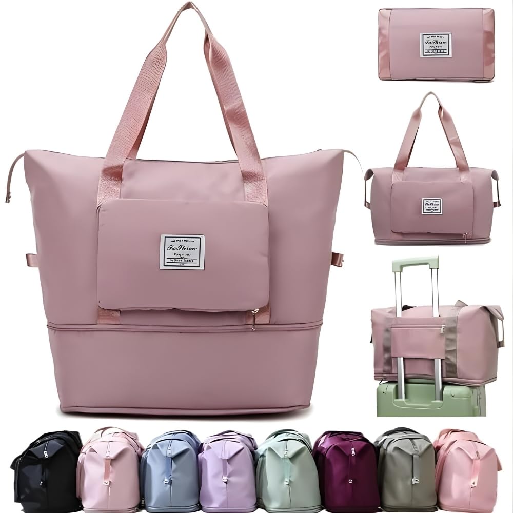 Expandable Nylon Travel Bag 41L for Women | Waterproof Foldable Duffel Bag | Overnight Luggage Hand Bag with Dry-Wet Pocket | Lightweight Carry-On Personal Item for Travel & Gym (Pink)-image-32