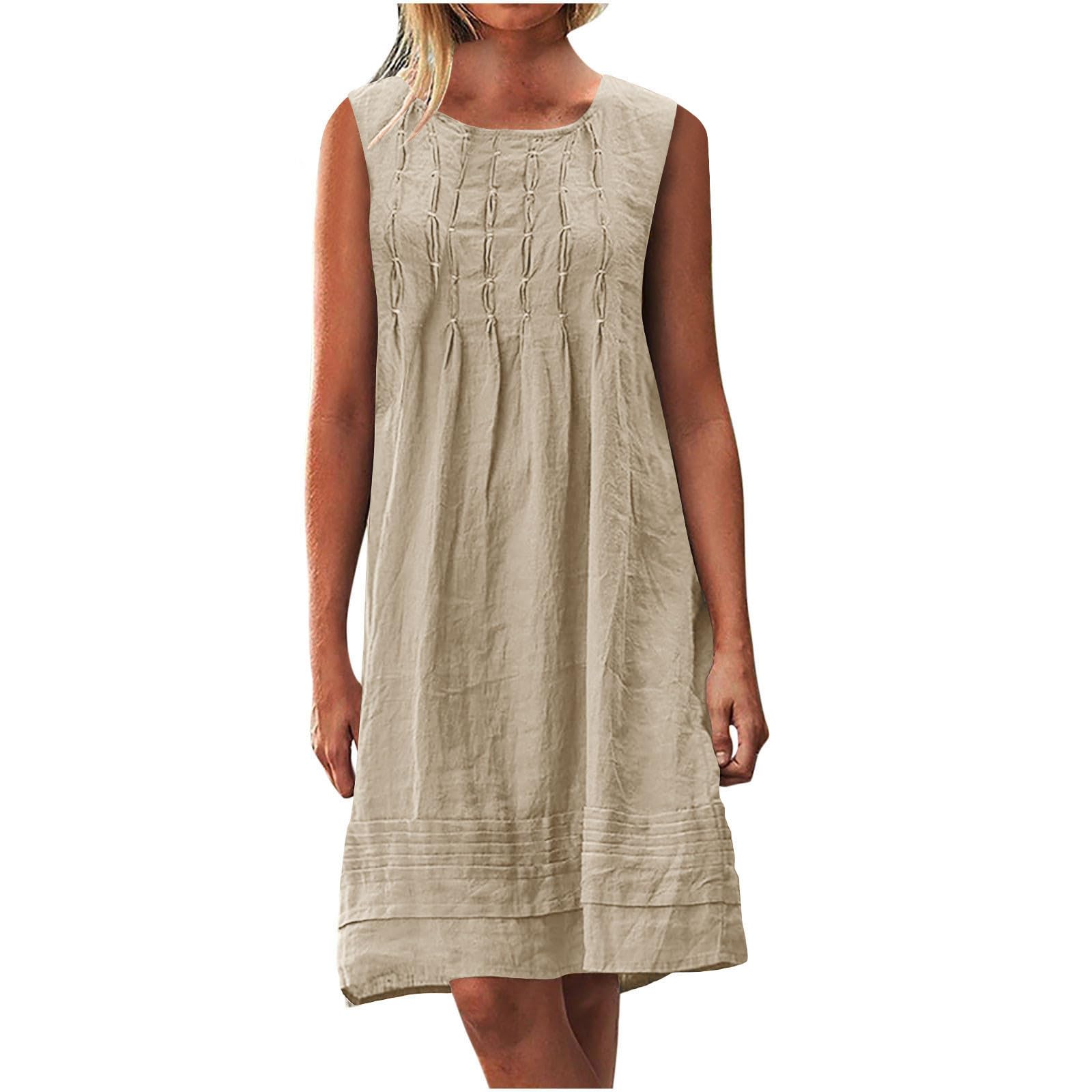 Cotton Linen Tank Dresses for Women Pleated Summer Crewneck Sleeveless Casual Mini Dress Beach Vacation Sundress(Beige,Large)
