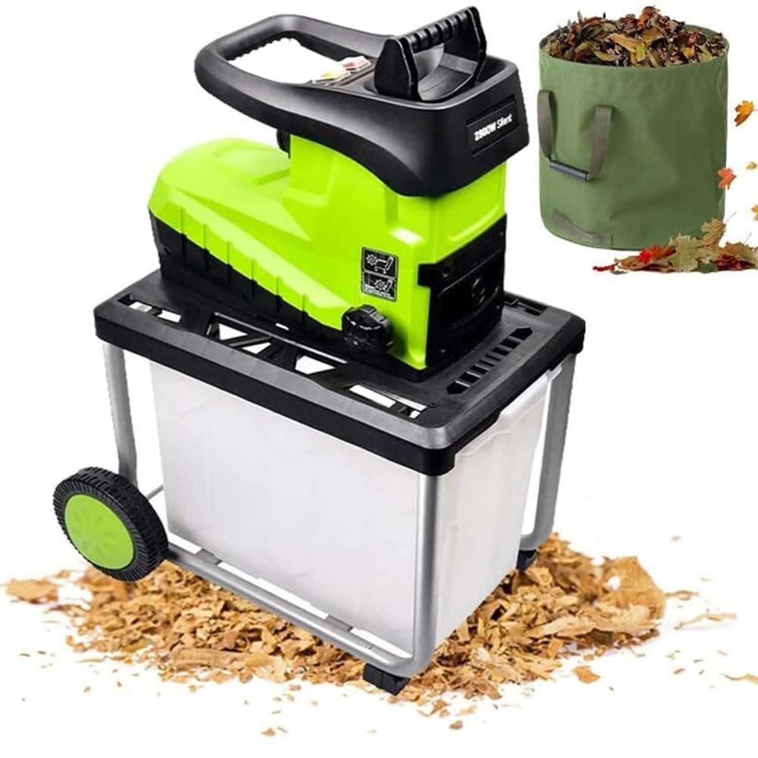 Déchiqueteur Broyeur De Bois, Broyeur Électrique 2800W Avec Diamètre Coupe Max 45mm, Boîte Collection Détachable 60L, Lames Réversibles Et Protection Surcharge, Idéal Déchets Jardin.