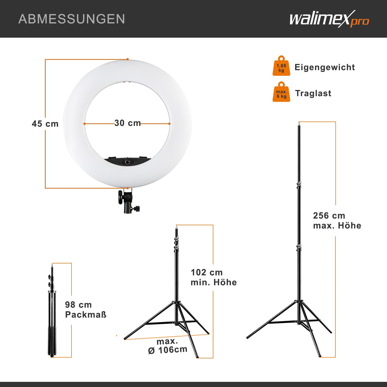 Walimex pro Medow 960 Pro Luce anulare LED incl. treppiede, luce anulare bicolore 3200-5500 K, luce video dimmerabile con telecomando 96 W, treppiede per lampada con ammortizzazione a molla