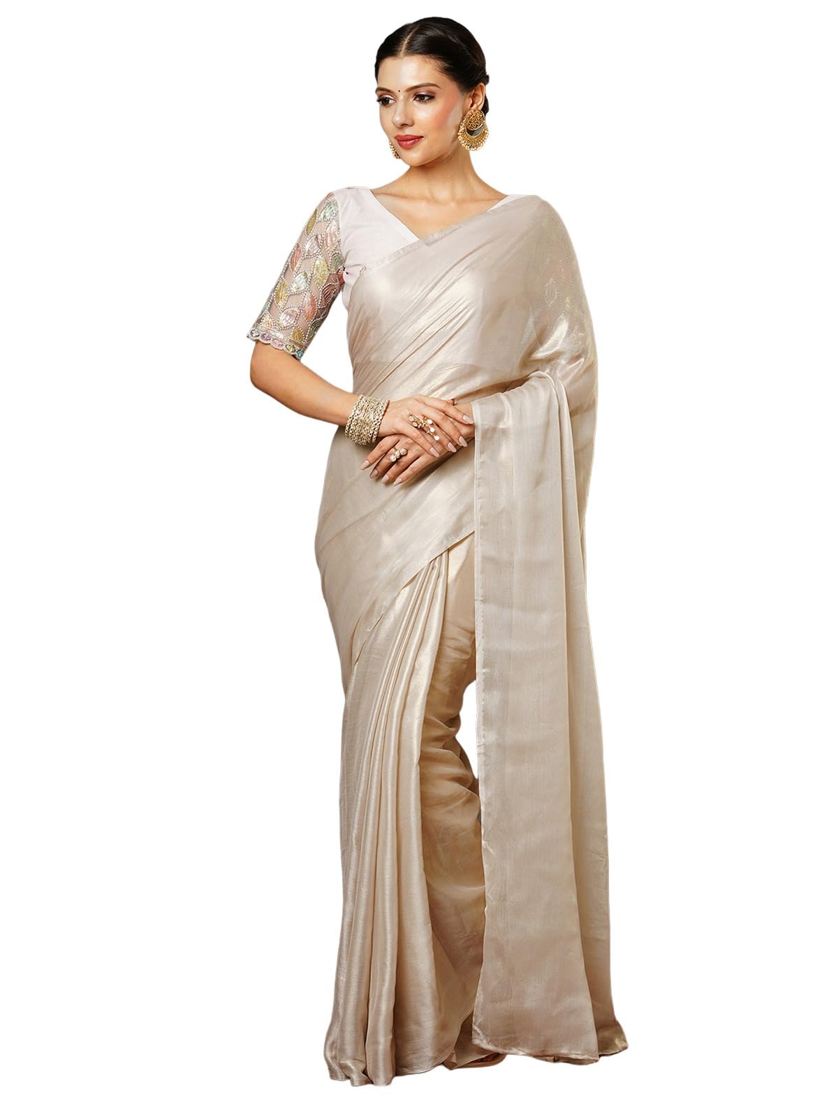 Satrani Women's Shimmer Georgette Dual Tone Saree With Unstitched Blouse Piece (3904S474N_Beige)