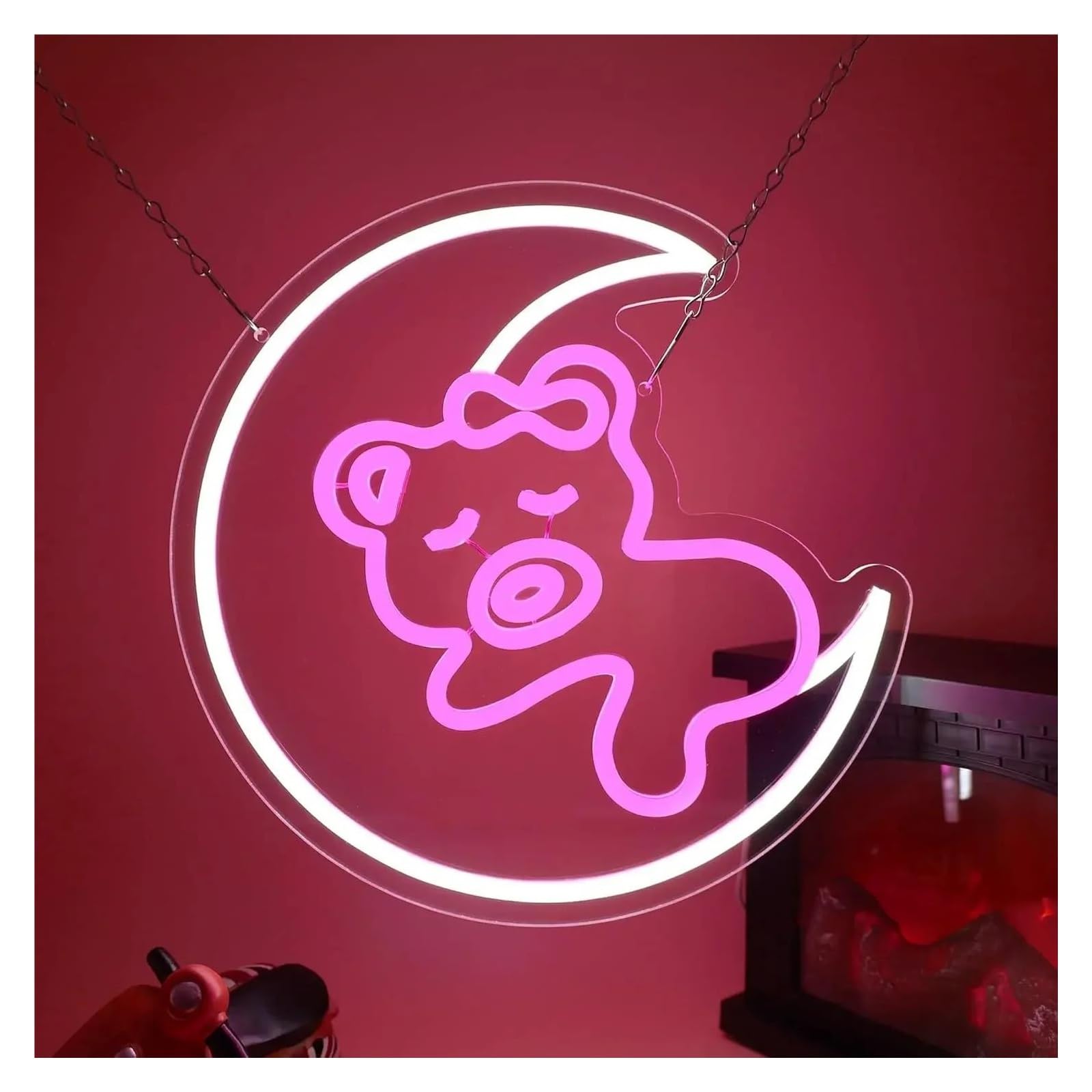 Luz de Diseño de Digital Letrero De Neón Con Oso Iluminado En La Luna Para Dormitorio, Cueva De Hombre, Bar, Fiesta, Decoración De Pared 32,5CmX32,5Cm