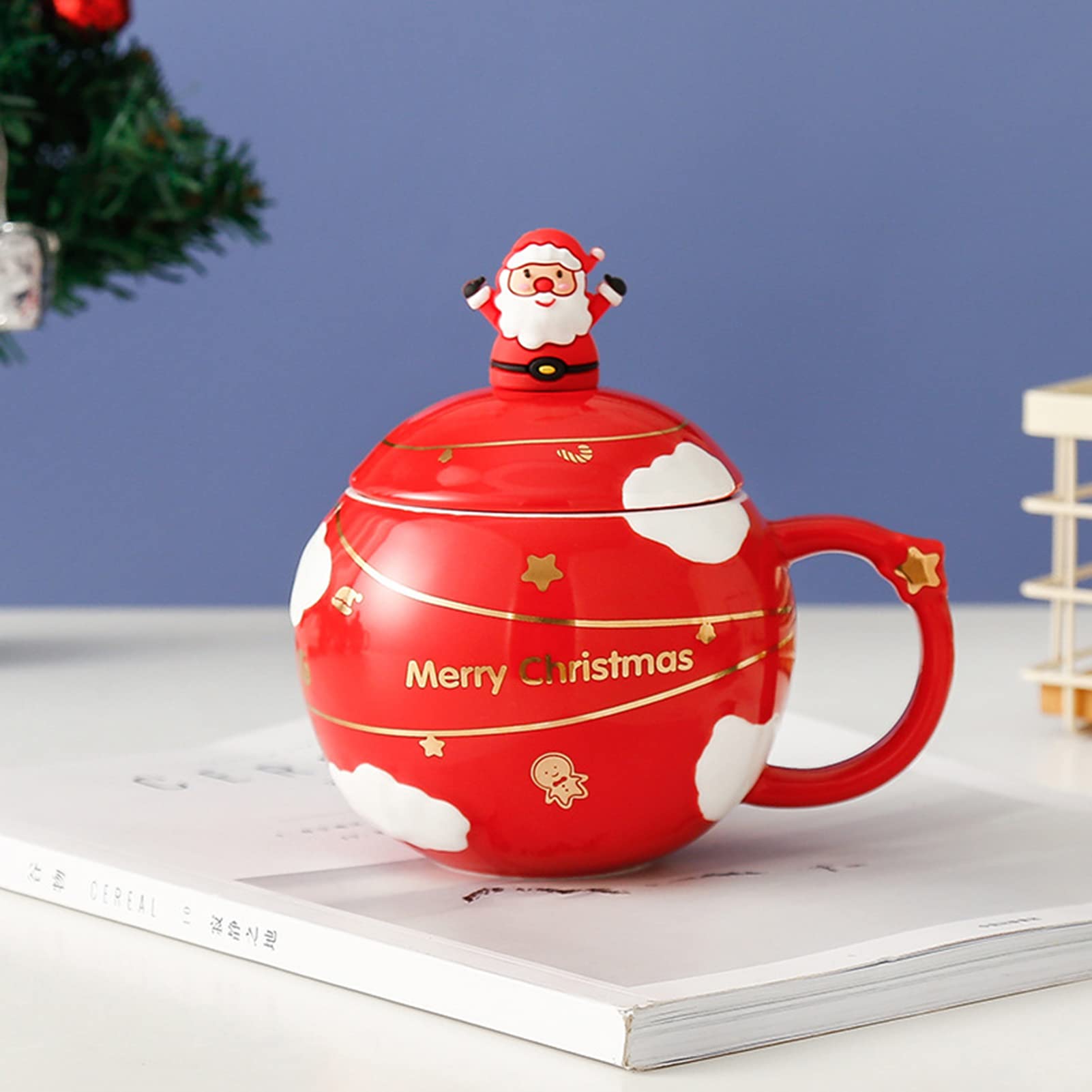 Kubek ceramiczny świąteczny 400 ml Zestaw filiżanek do kawy i mokki Filiżanki spodki espresso z porcelany(Red)