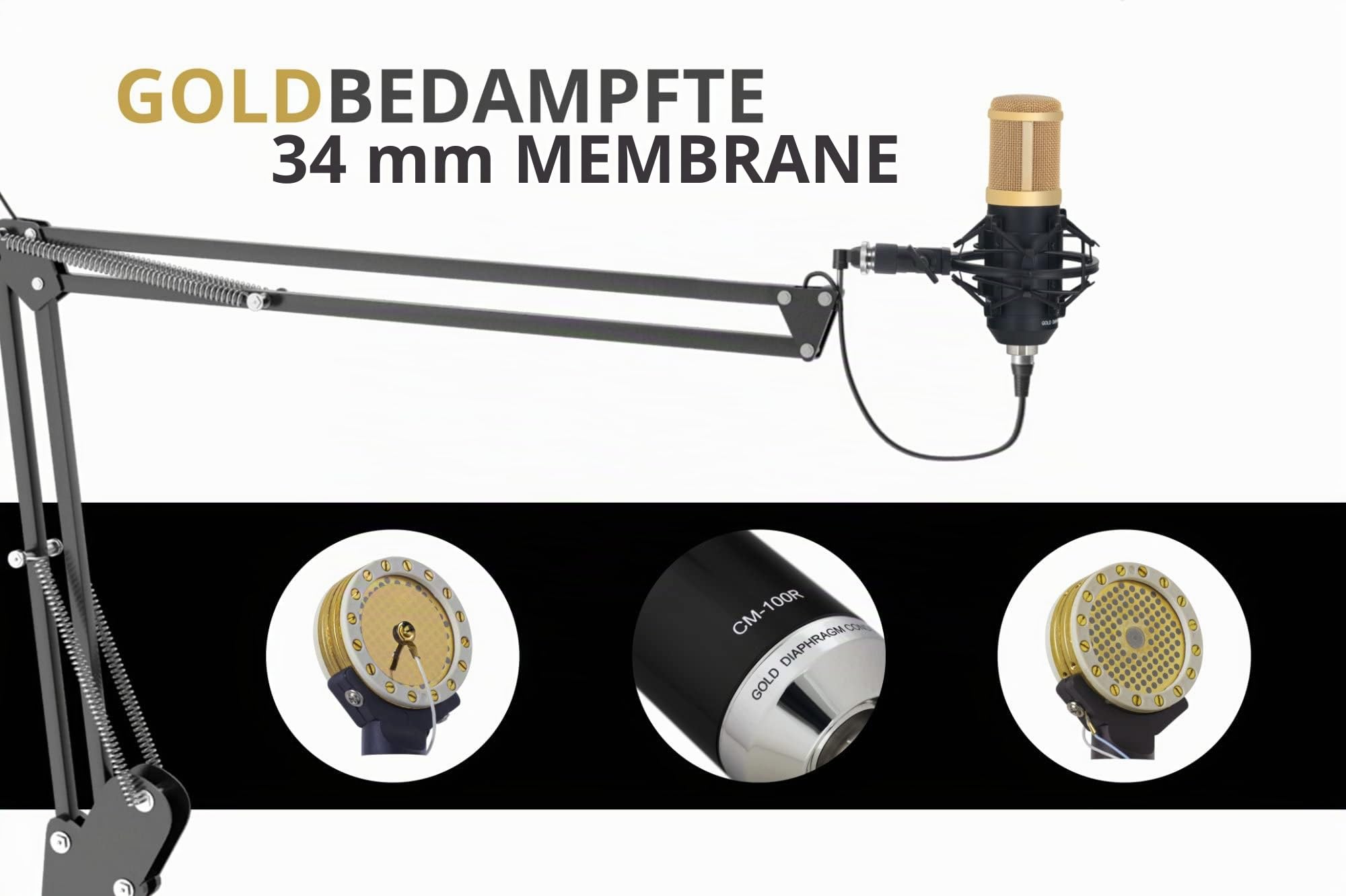 Pronomic CM-100BG Studio Großmembranmikrofon XLR-Kondensatormikrofon (mit Mikrofonspinne, Etui, Windschutz, Reduziergewinde) schwarz | Goldbedampfte 34 mm Membran, Richtcharakteristik: ausgeprägte Niere, Frequenzbereich: 20 Hz - 20 kHz, 5 % THD, XLR-Ansch