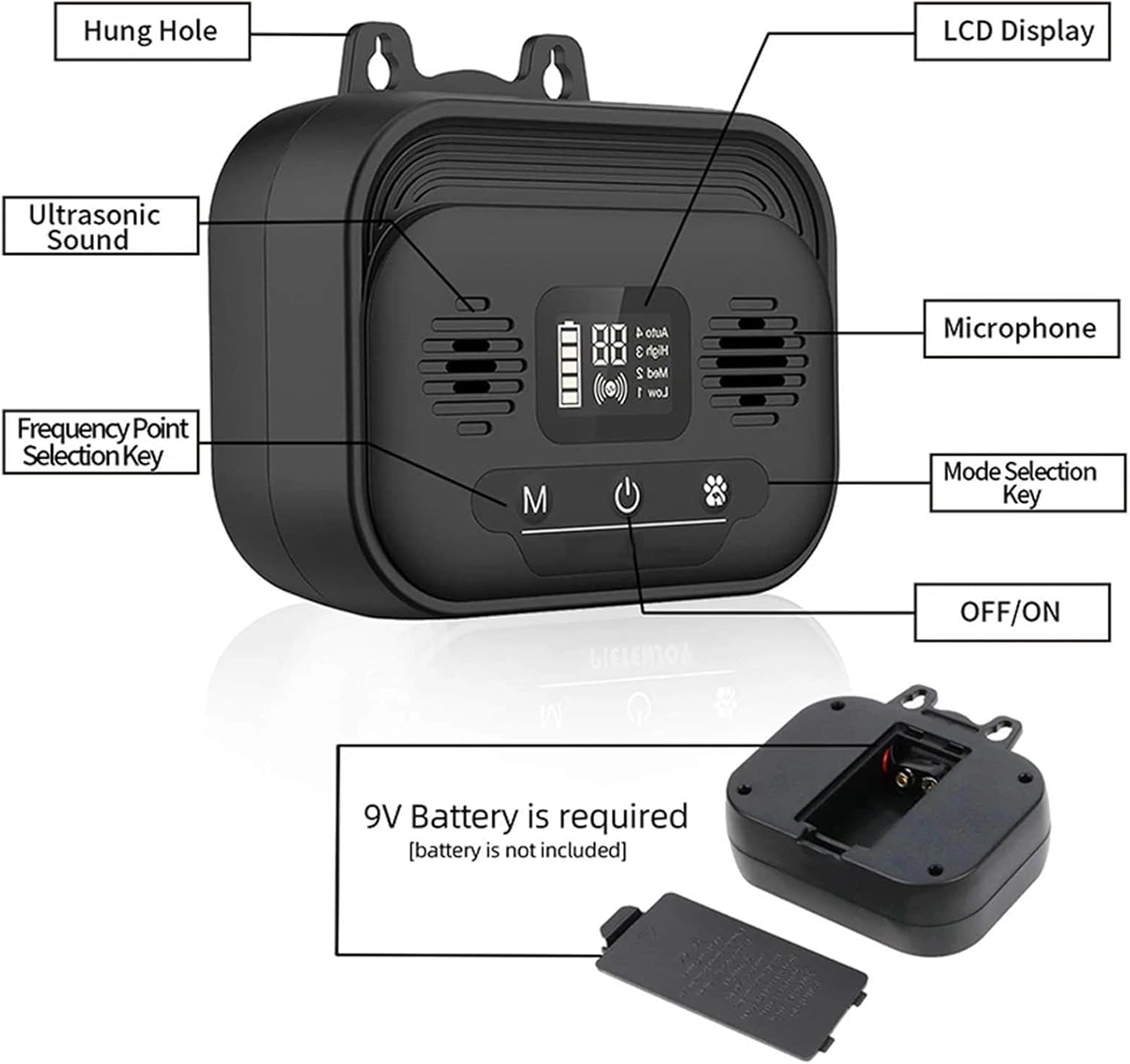 Dispositivo ultrasónico antiladridos, Dispositivo de Control automático de ladridos para Exteriores con 4 Niveles de Volumen ultrasónico Ajustables, GE para Exteriores de hasta 50 pies