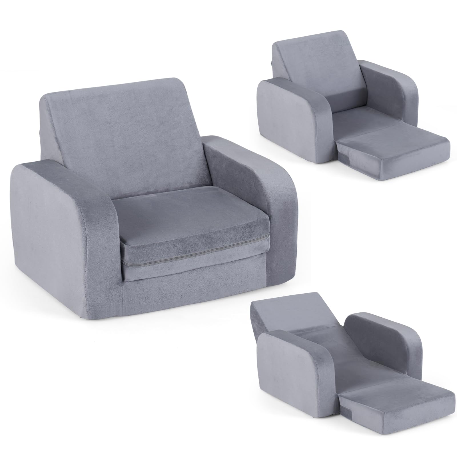LIFEZEAL Canapé Enfant Depliant 3 en 1, Mini Canapé Enfant Pliable avec Housse Amovible en Velours Cristal, Canapé-lit en Mousse, Fauteuil Bebe pour Chambre et Salle de Jeux (Gris, Plié en 3)