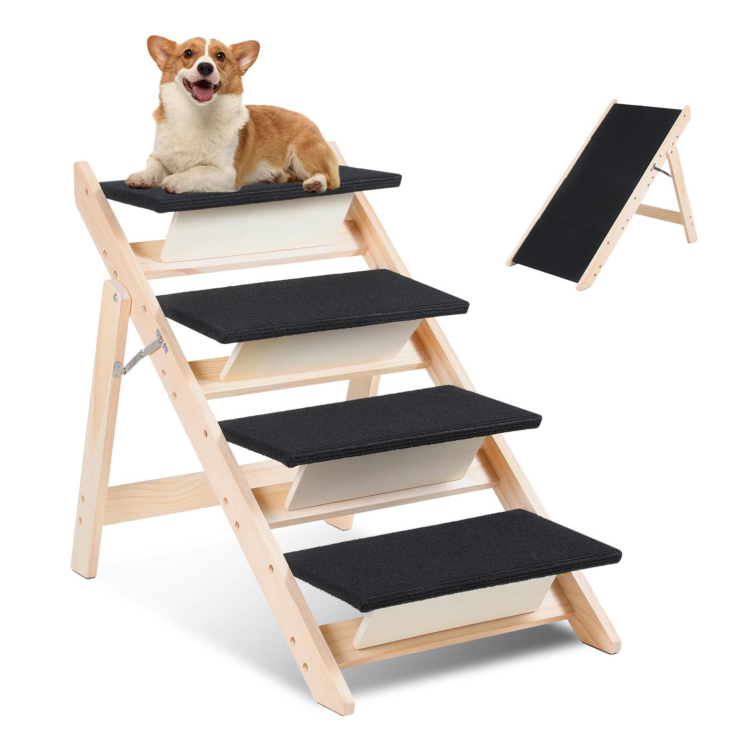 Fogmiea Hundetreppe 4 Stufen,2-in-1 Klappbare Hunderampe aus Holz,rutschfest mit Geringer Neigung,Haustiertreppe für Bett Sofa Couch Auto,Gelenkschonend Stabil Belastbar,bis zu 80 kg