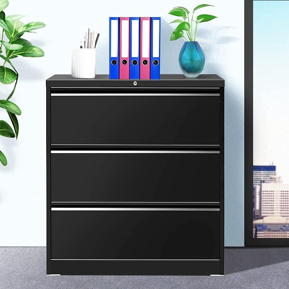 Black Lateral File Cabinet with Lock, 3 Drawer Lateral Filing Cabinet for Legal/Letter A4 Size, Locking Wide File Cabinet for Home Office, Metal : Office Products