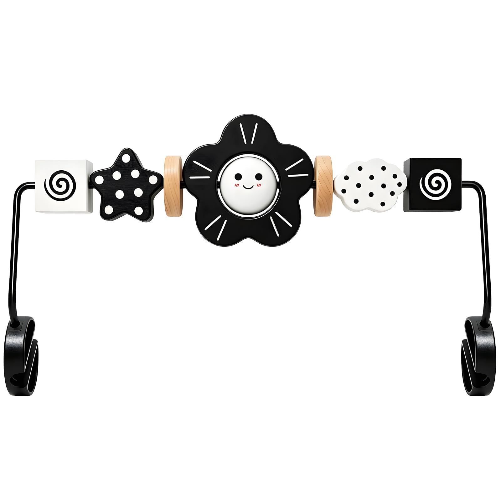 Kinhzrude Baby Bouncer Toy Bar, Compatible with BabyBjorn Bouncer Balance Soft & Bliss, Rotatable Wooden Toy Bar Attachment for Babies, Sensory Development Toy (Black and white smile)