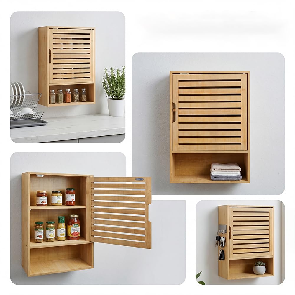 Armadietto sospeso da bagno, in bambù, con porta di ventilazione e 3 ripiani, mensola da parete per cucina e WC, salvaspazio e resistente all'umidità, 60 x 40 x 20 cm (colore legno)