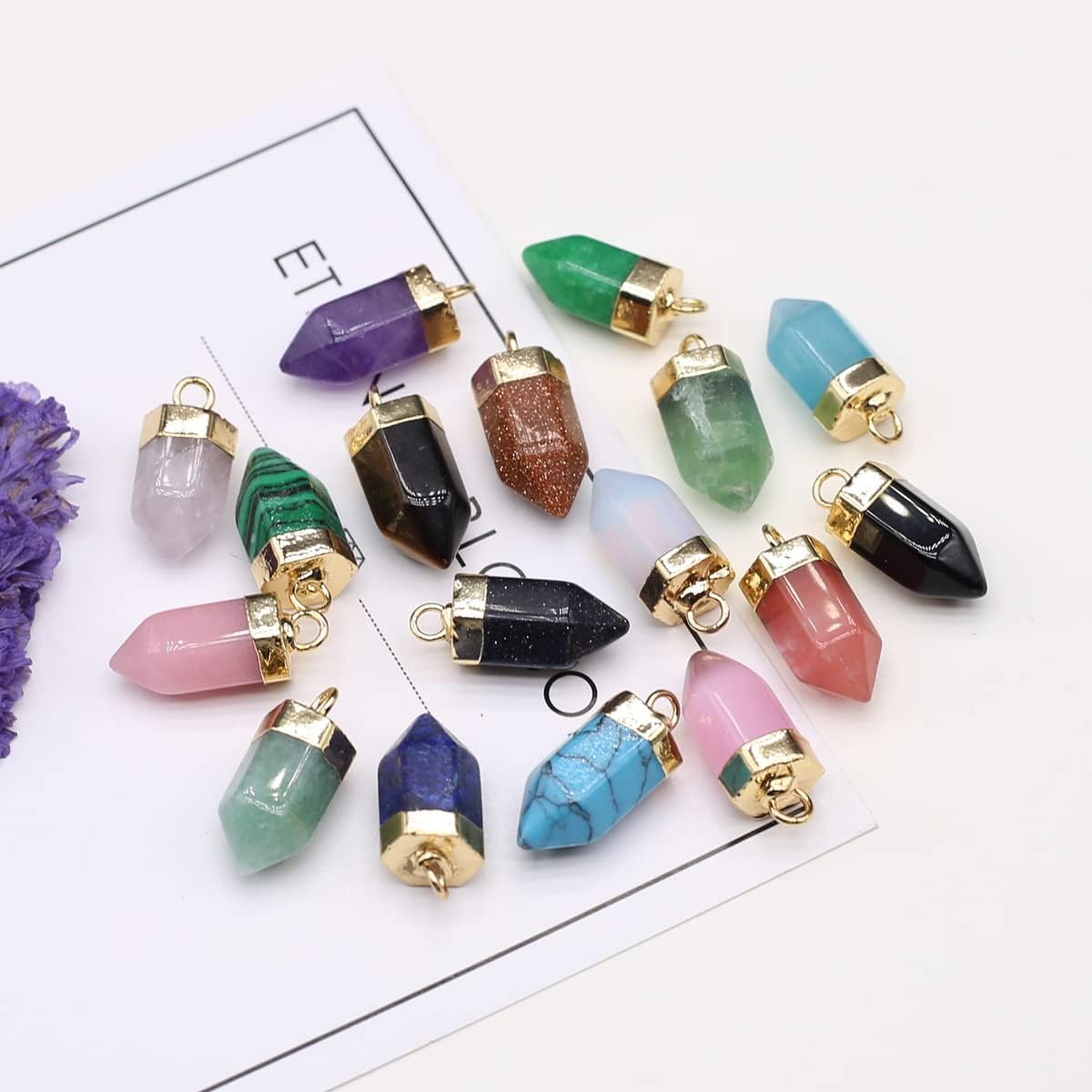 LHJ 10 Pcs Natural Stone Pendants Hexagonal Prism Shape Assorted Energy Crystal Quartz Agate Charms for Jewelry Making Neckalce - Image 2